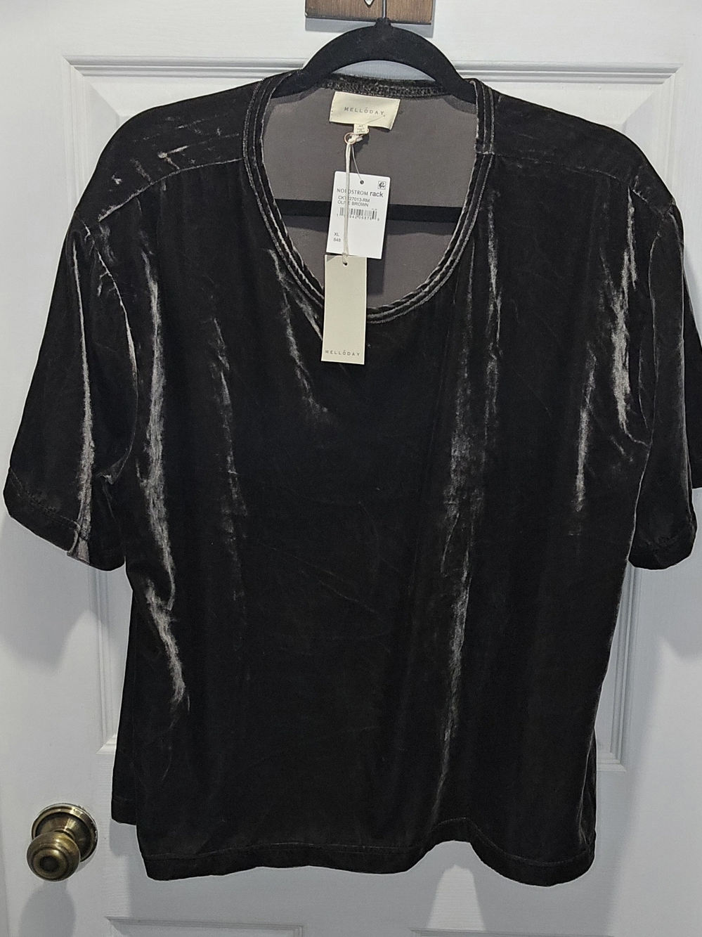 MELLODAY Brown Velvet Short Sleeve Tunic with Subtle Sheen